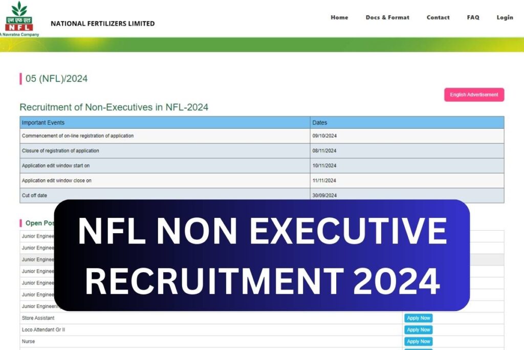 NFL Non Executive Recruitment 2024, Check Notification & Apply Online